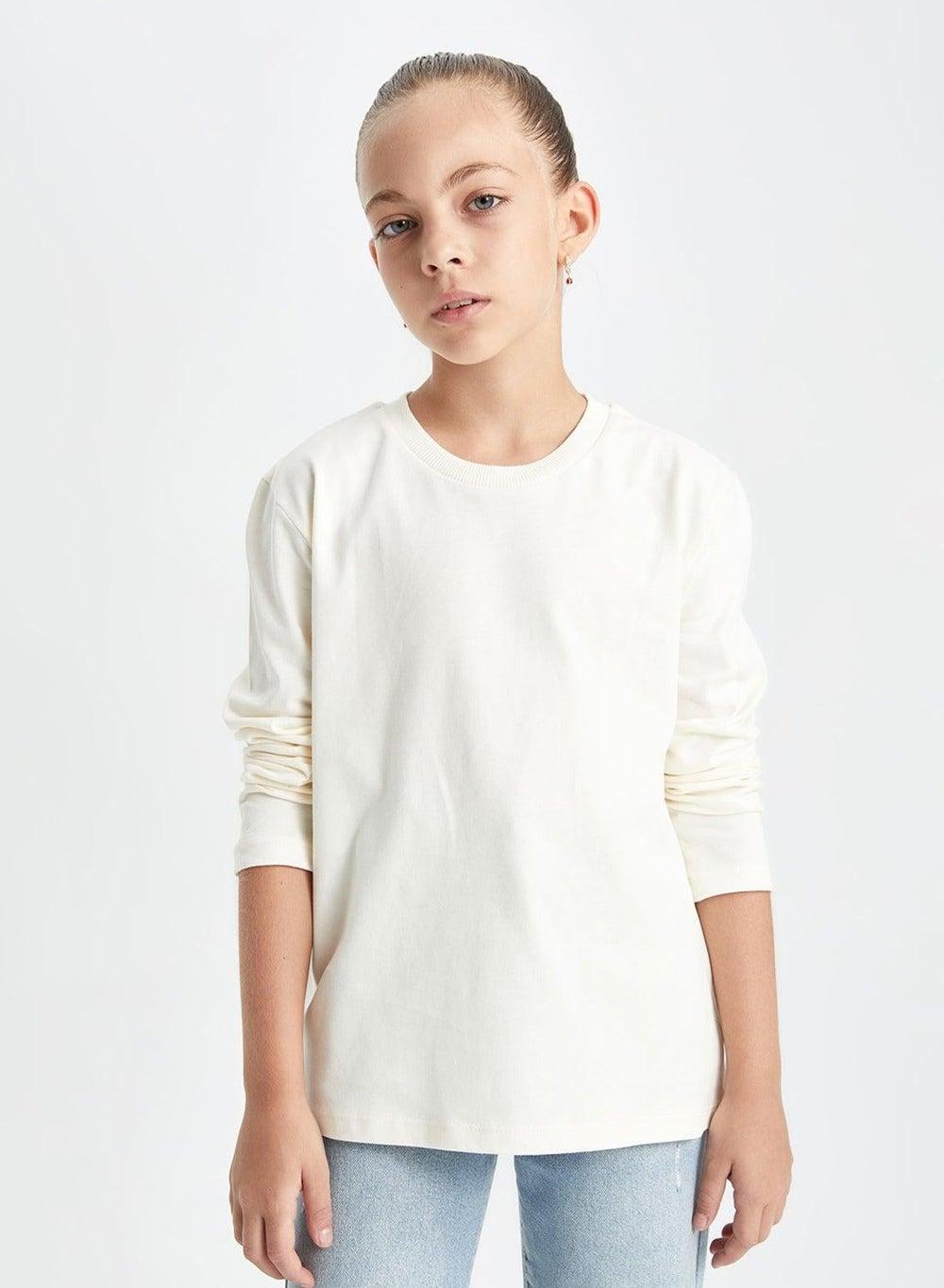 Girls Crew Neck White Long Sleeve School T-Shirt - Image 1