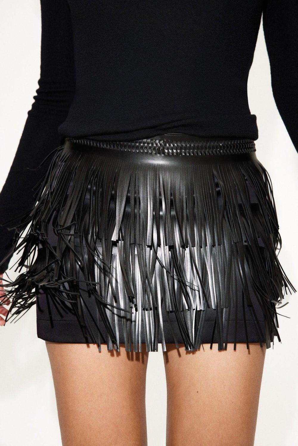 Fringed Coated Mini Skirt with Braided Waistband - Image 1