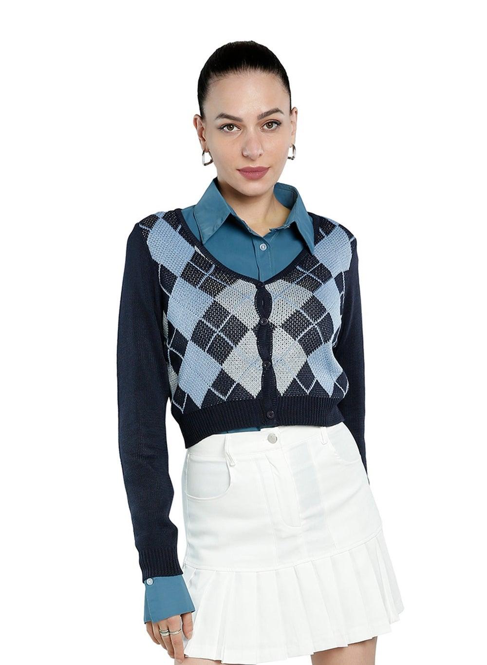 Navy Argyle Check V-Neck Button Cardigan - Image 1