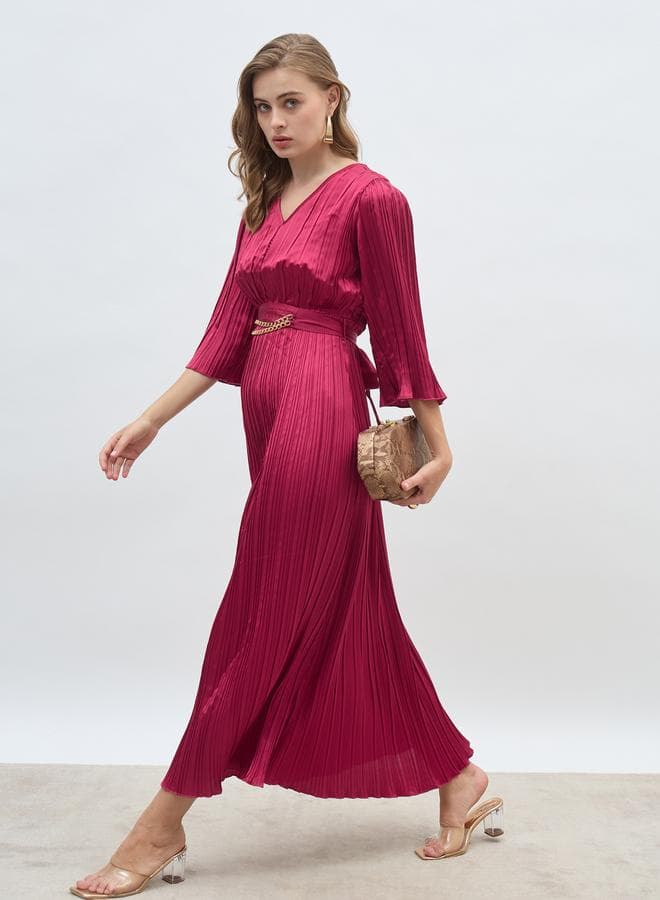 Pleated A-Line Maxi Dress with Belt 3/4 Sleeves - Image 1