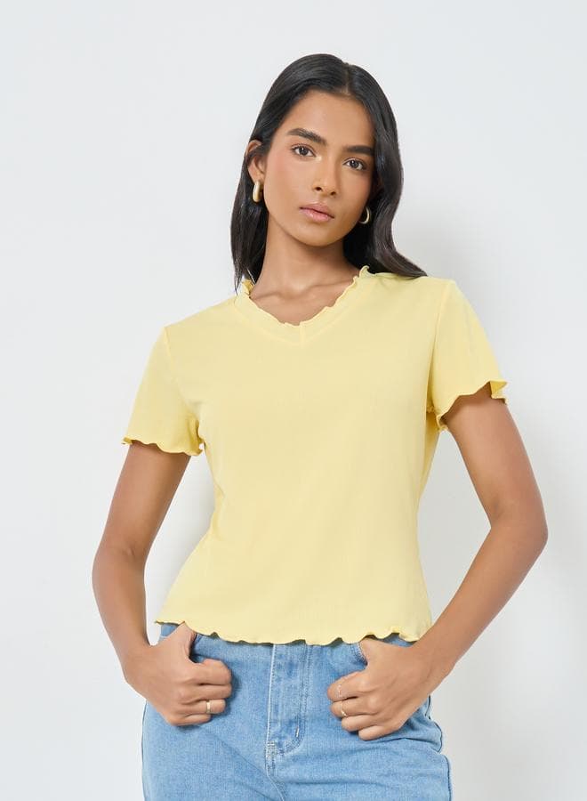 Ribbed Lettuce Hem Solid T-Shirt - Image 1