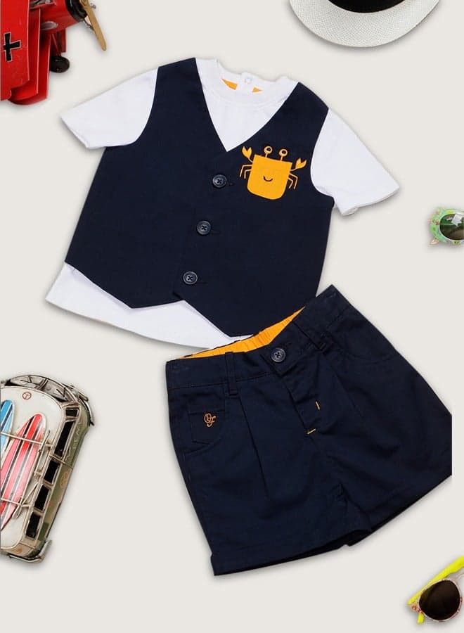 Baby Boys Navy Cotton Tee Waistcoat Shorts Set - Image 1