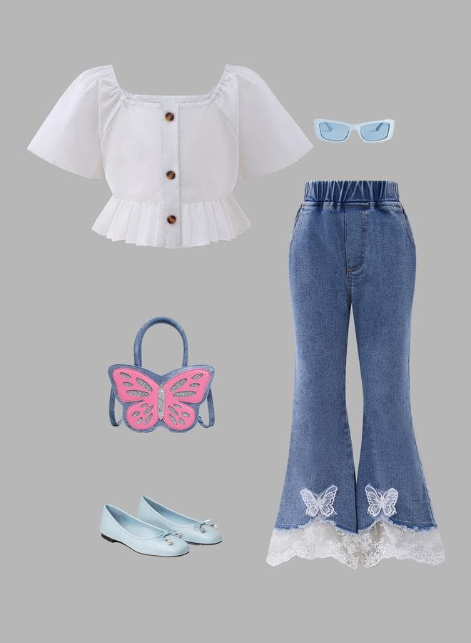 Girls Square Neck Top & Lace Detail Flared Jeans - Image 1