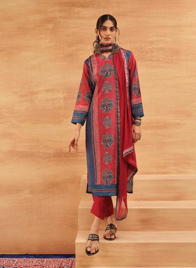 Red Chinon Printed Kurta Set with Palazzo 3-Piece - Image 1