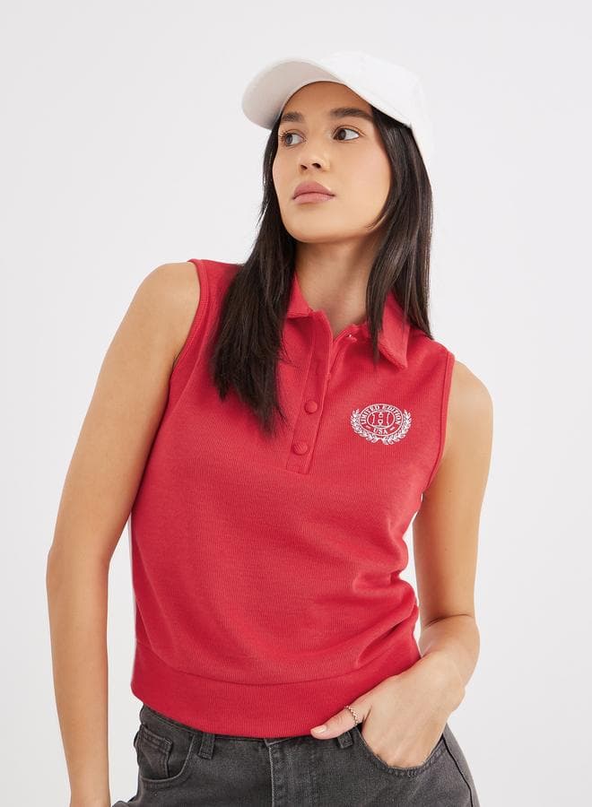 Styli Embroidered Knit Polo Neck Sleeveless Top - Image 1
