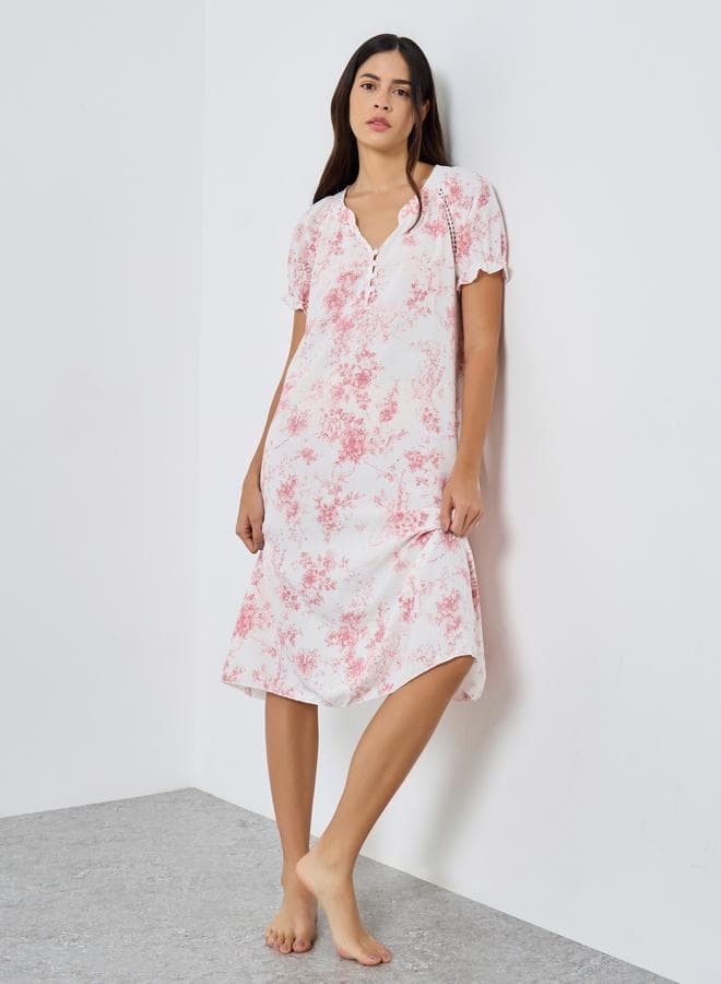 Styli Floral Ruffle Sleeve Nightdress with Placket Detail - Image 1