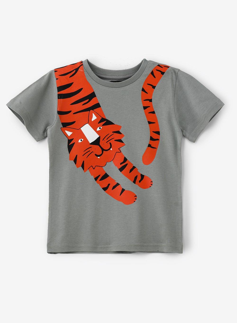 Playful Tiger Graphic Cotton Boys T-Shirt - Olive - Image 1