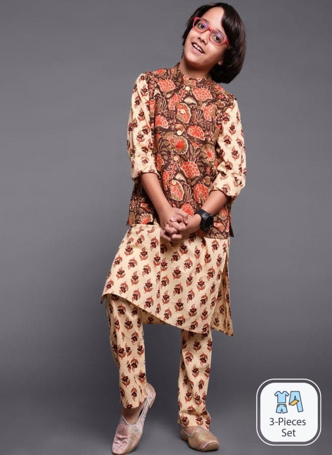 Floral Printed Kurta Set for Boys with Jacket - Image 1