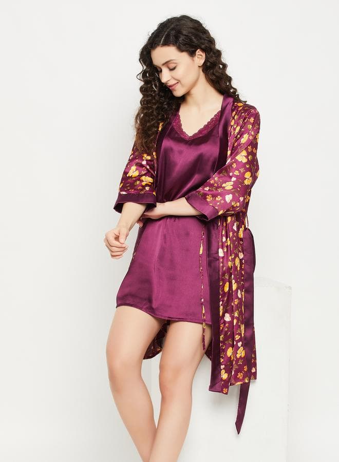 Floral Satin Robe with 3/4 Sleeves & Tie - Image 1