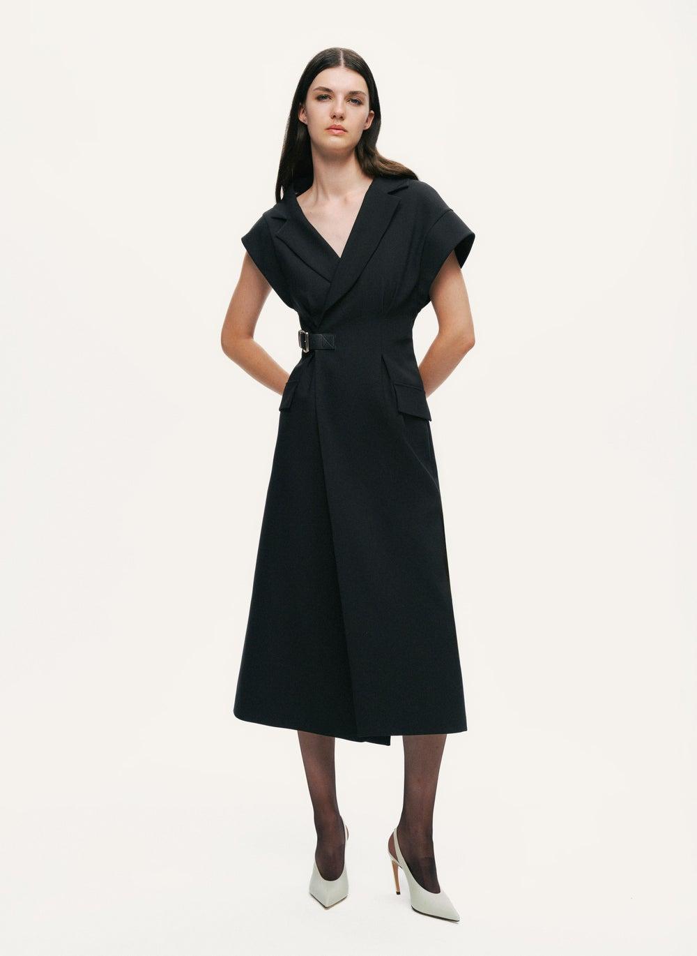 Tailored Buckle-Wrap Midi Dress for Modern Elegance - Image 1