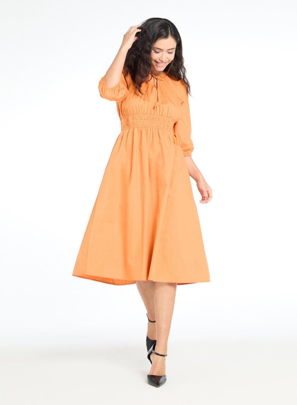 Elegant Shirred Bodice Midi Dress with A-Line Flow - Image 1