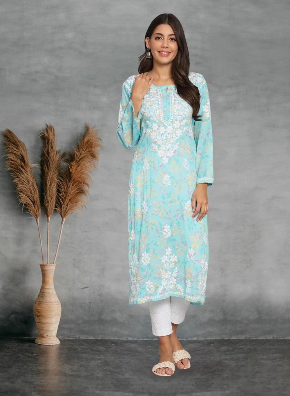 Hand Embroidered Chikan Mulmul Kurta AL3680 - Image 1