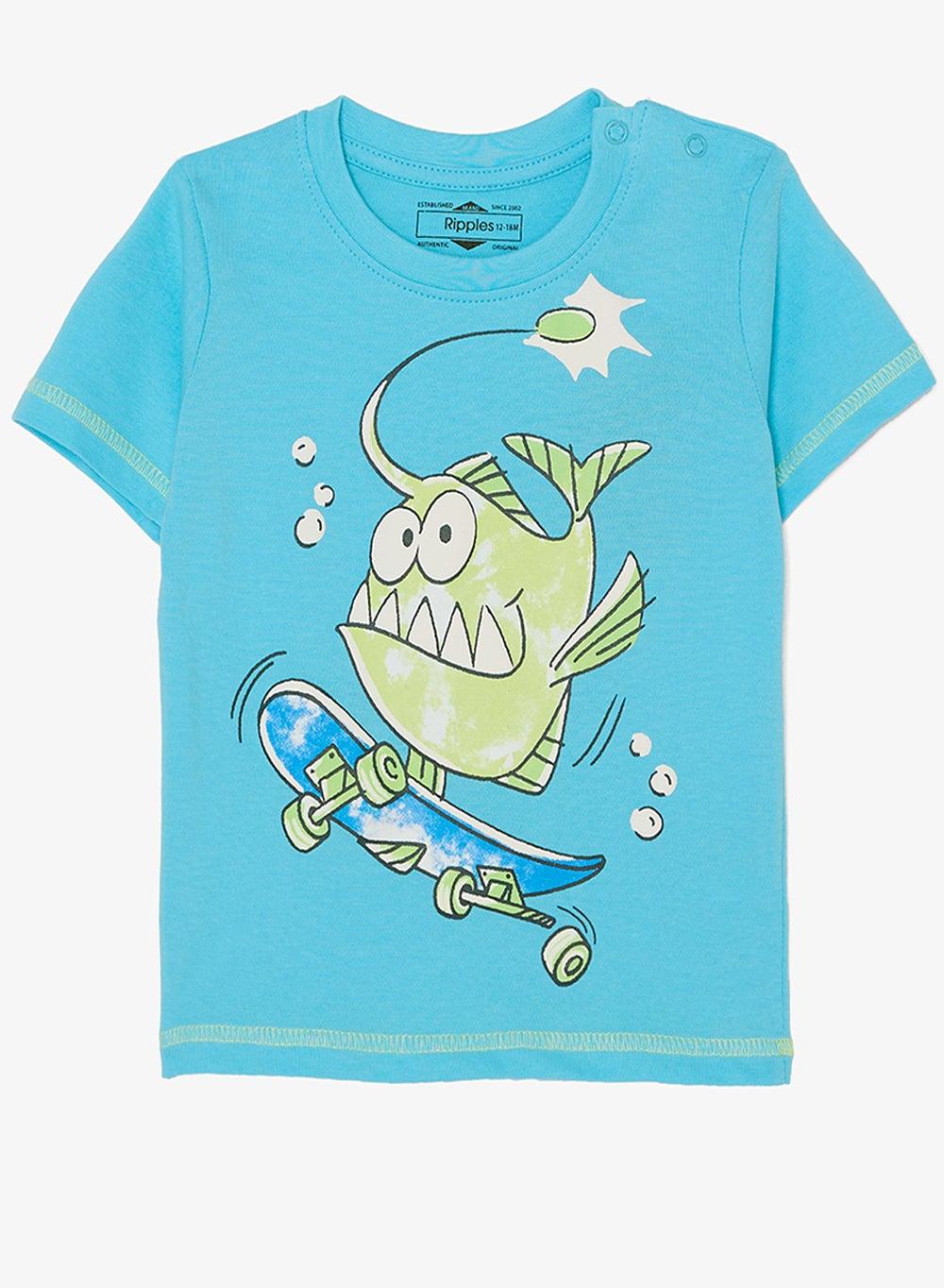 Boys Regular Fit Tee Skateboard Fish Print - Image 1