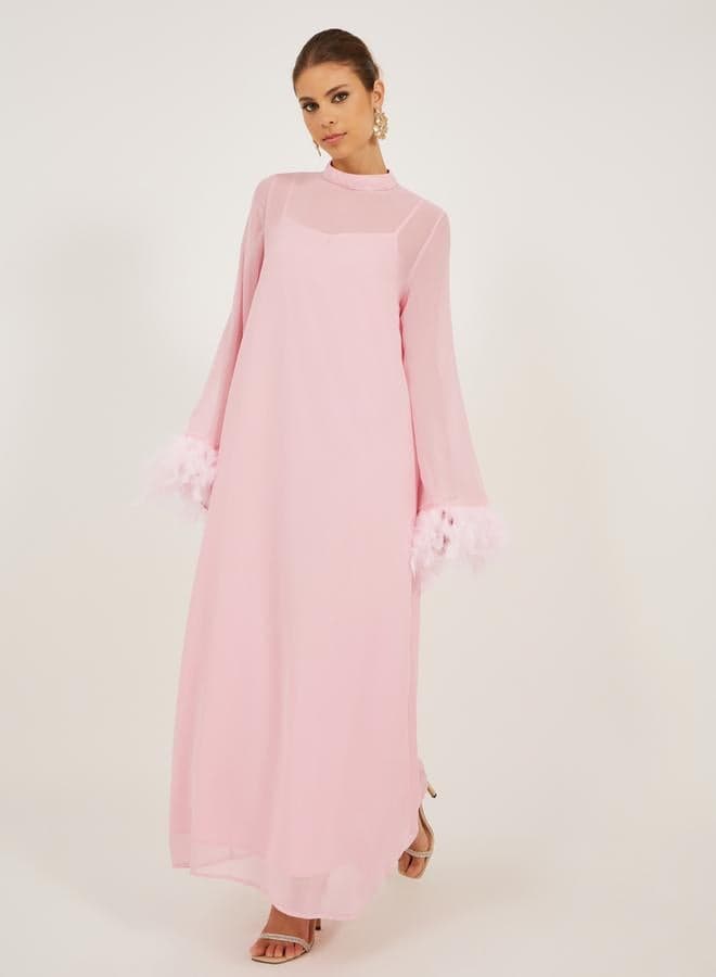 Styli Faux Feather Trim Elegant Shift Maxi Dress - Image 1