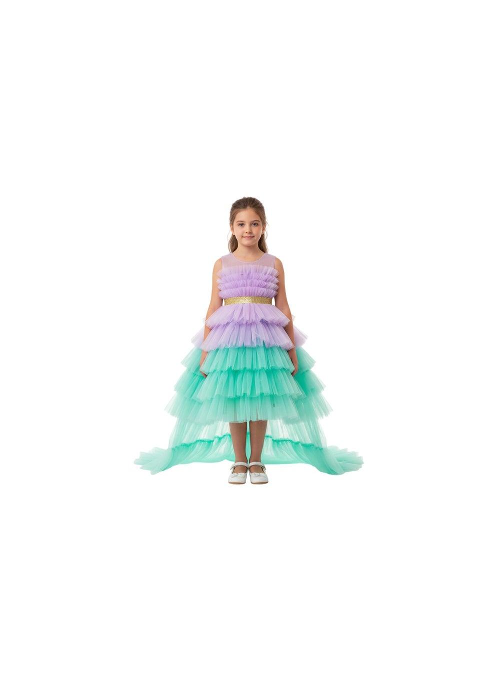 Layered Tulle Dress with Gold Belt Detail - Image 1