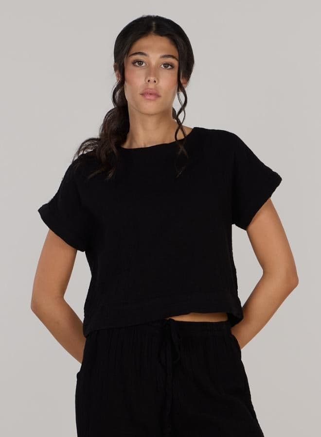 Double-Layer Cotton Crop Top with Coconut Button Detail - Image 1