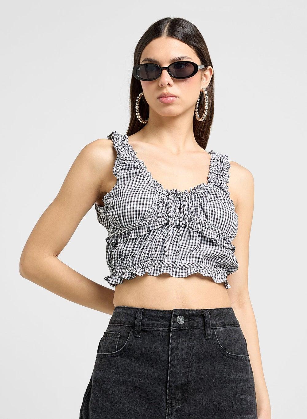 Ruched Gingham Crop Top – Chic Fitted Summer Style - Image 1