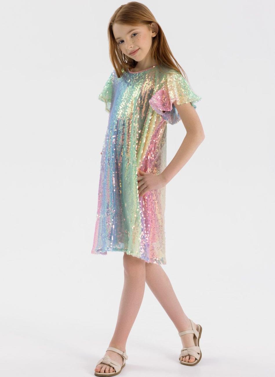 Girls Multicoloured Sequin Flutter Sleeve Dress - Image 1