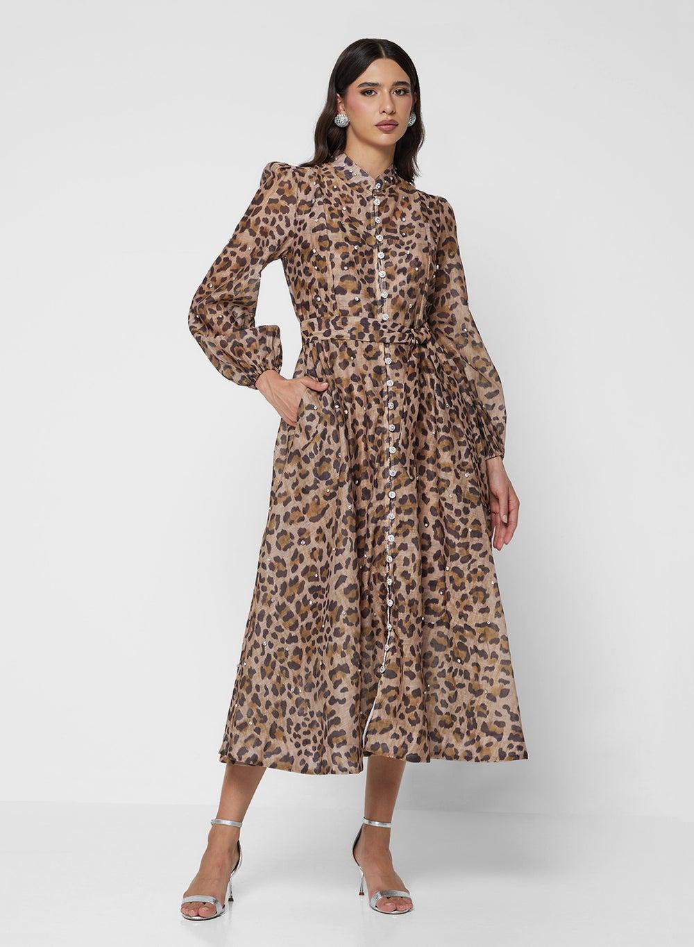Animal Print A-Line Midi Dress for Effortless Elegance - Image 1