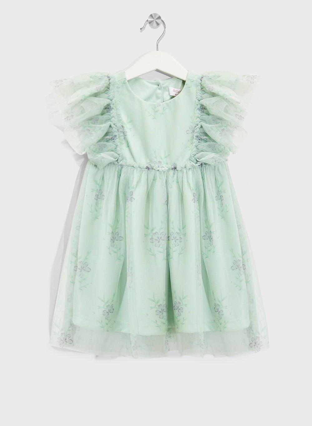 Floral Ruffle Tulle Dress in Pale Green - Image 1