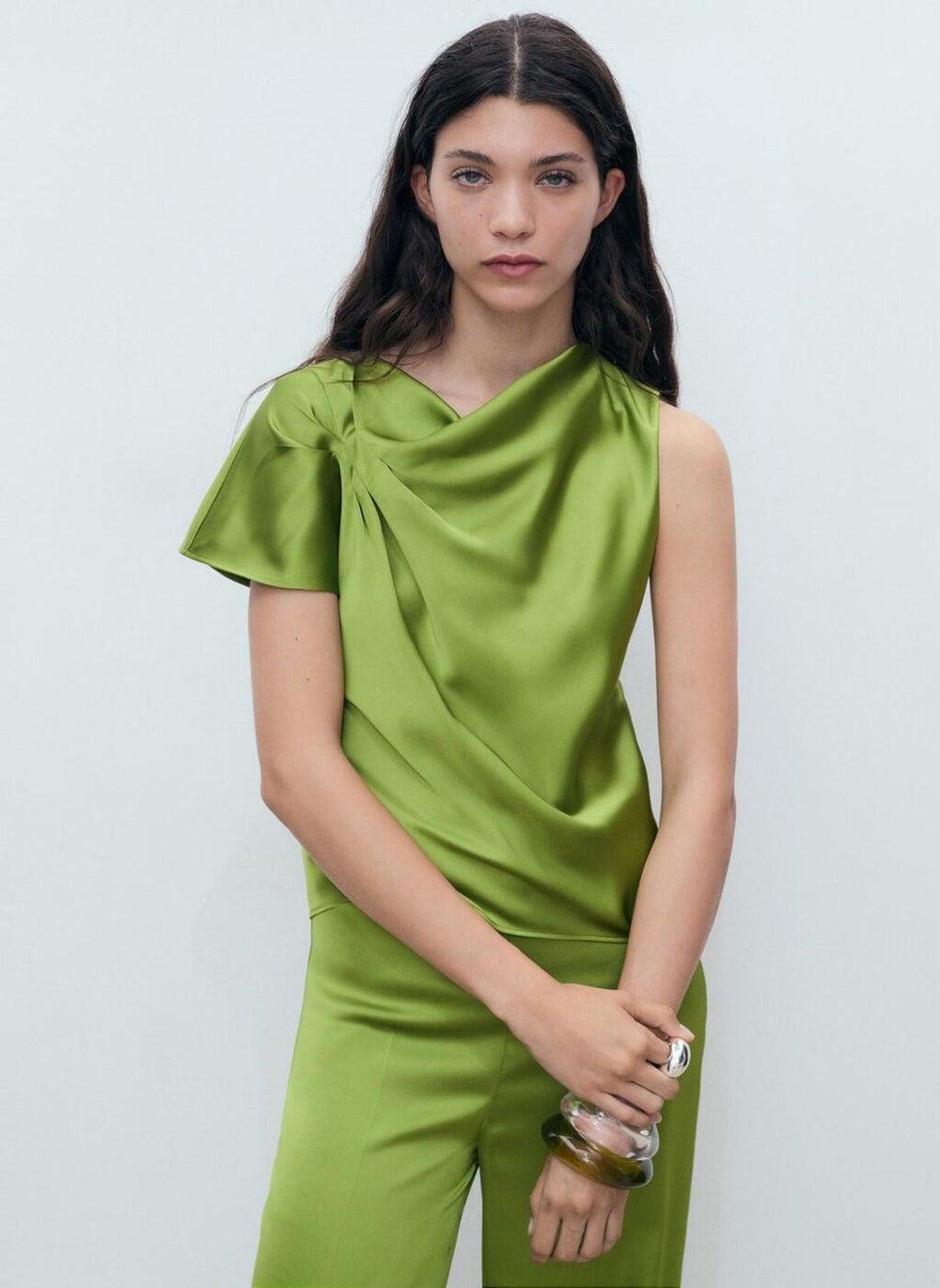 Draped Satin Shirt with Asymmetric Elegance - Image 1