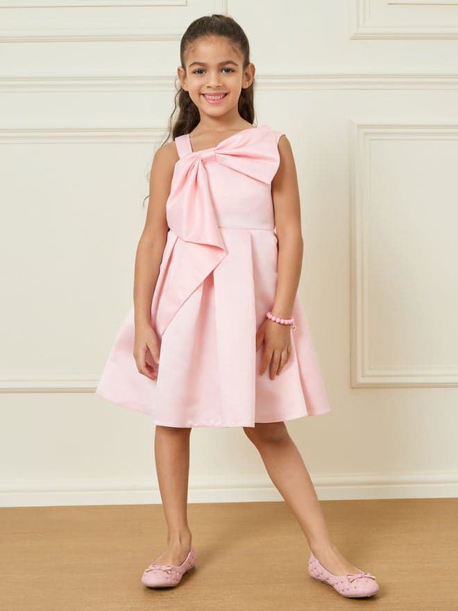 Satin Bow Party Dress in Light Pink - Image 1