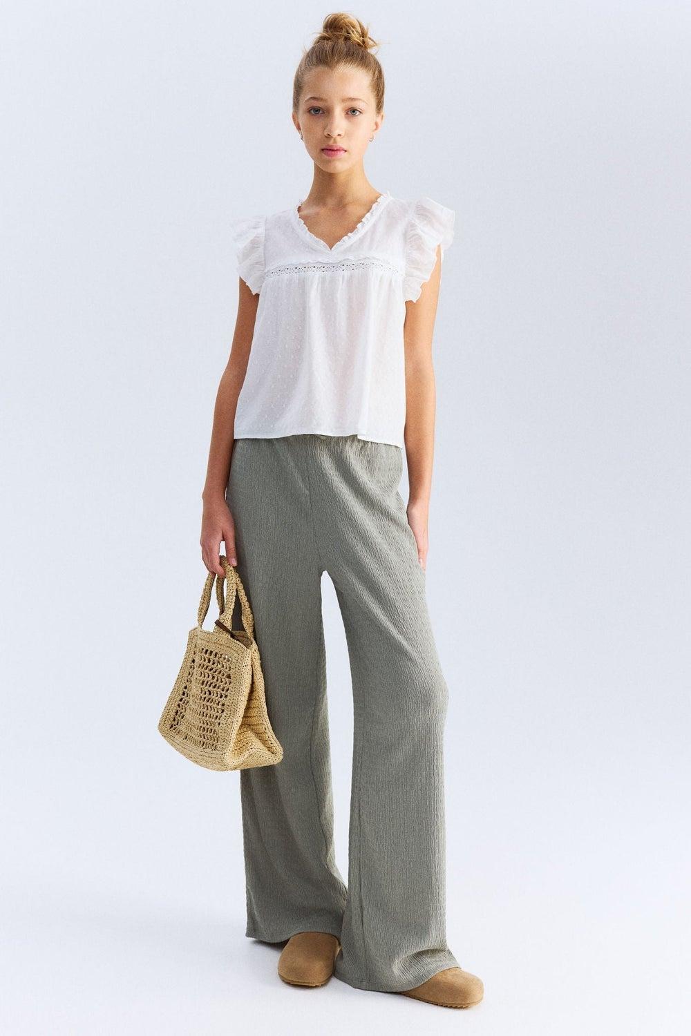Girls Textured Jersey Trousers with Drawstring Waist - Image 1