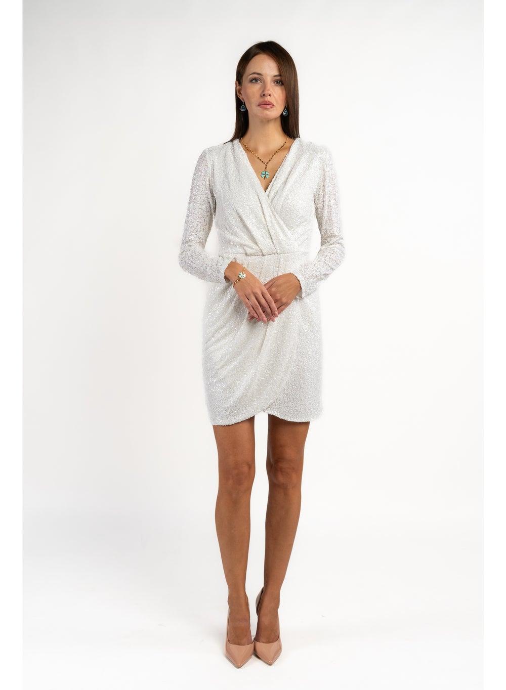 White Sequined Draped Long Sleeve Mini Dress - Image 1