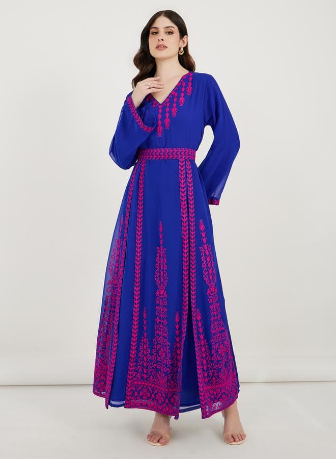 Blue Georgette Kaftan with Pink Cross-Stitch Detail - Image 1