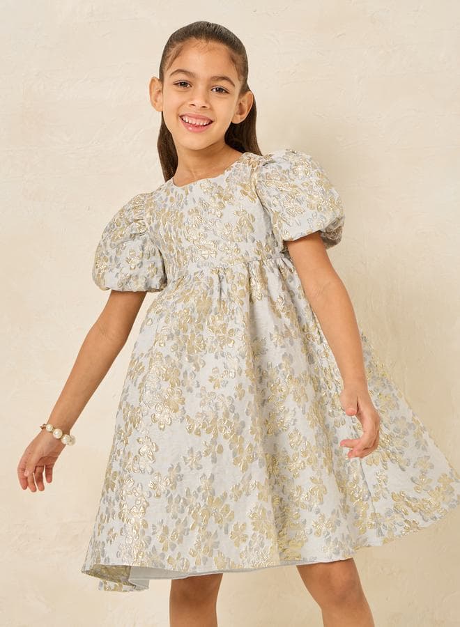 Girls Floral Brocade A-Line Dress - Image 1
