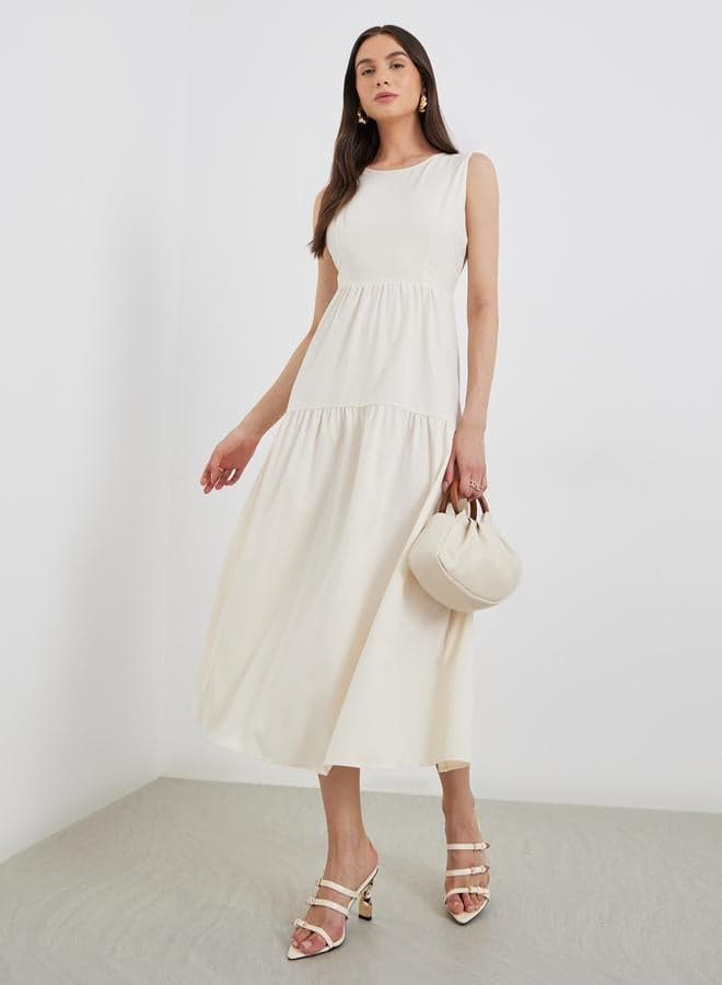 Beige Tiered Sleeveless Midi Dress - Image 1