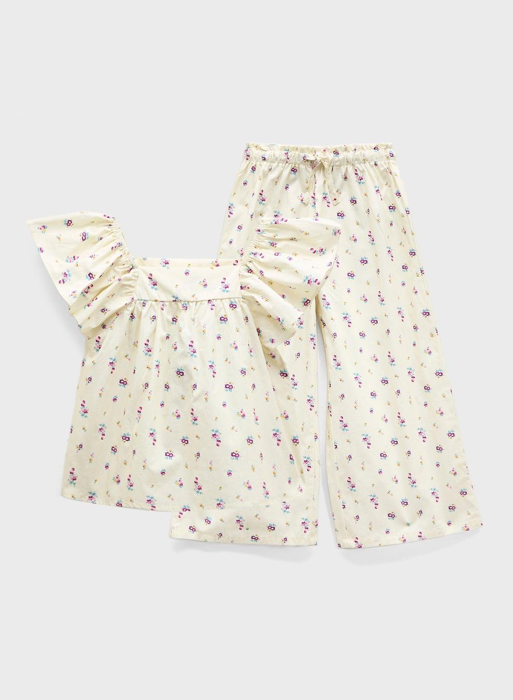 Girls Floral Printed 2Pcs Set with Ruffled Neck - Image 1