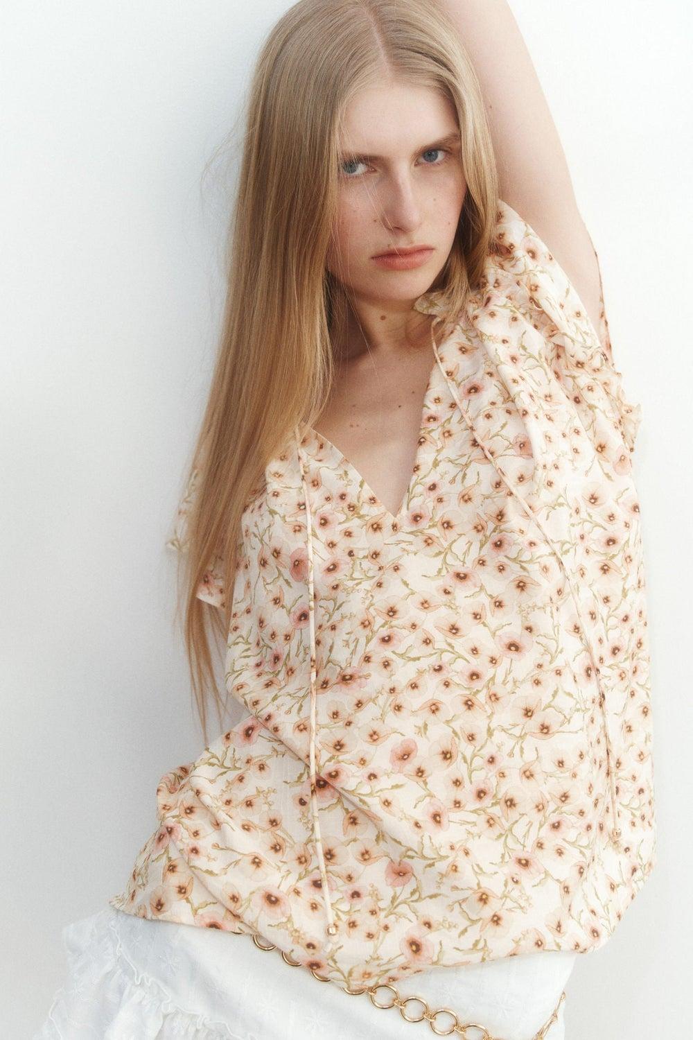Butterfly Sleeve Crepe Tunic Blouse with Frilled Collar - Image 1