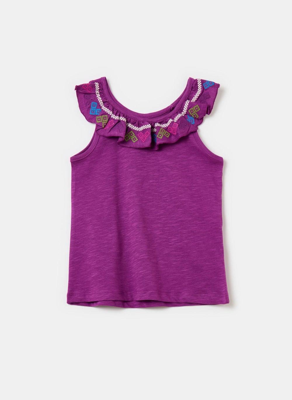 Girls Cotton Tank Top with Flounce Embroidery - Image 1