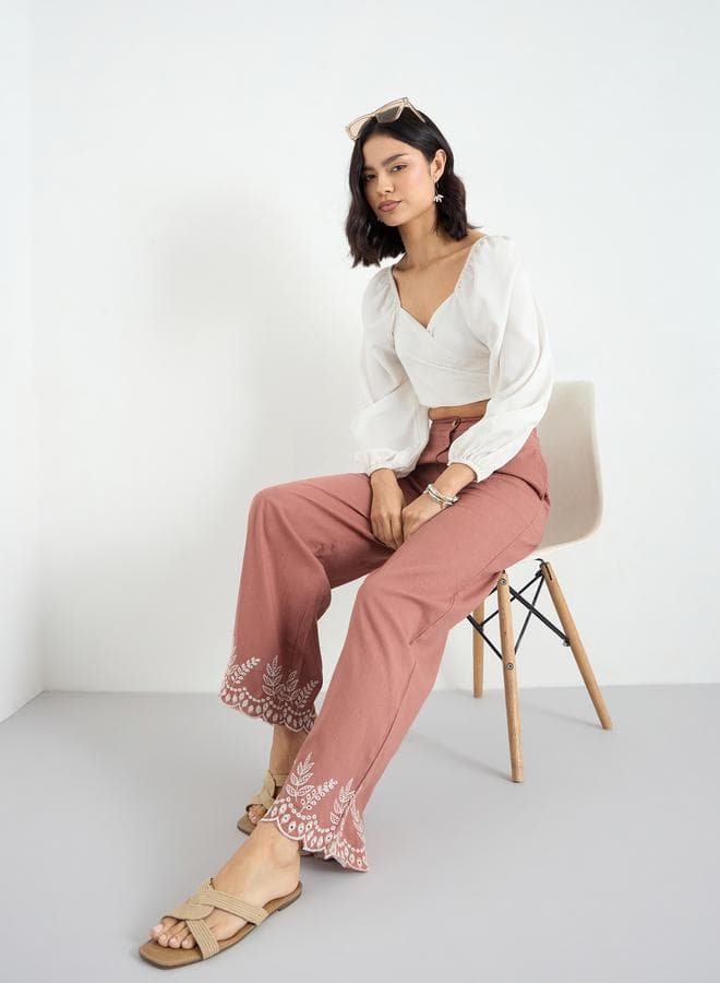Rust Wide Leg Trousers with Embroidered Hem Detail - Image 1