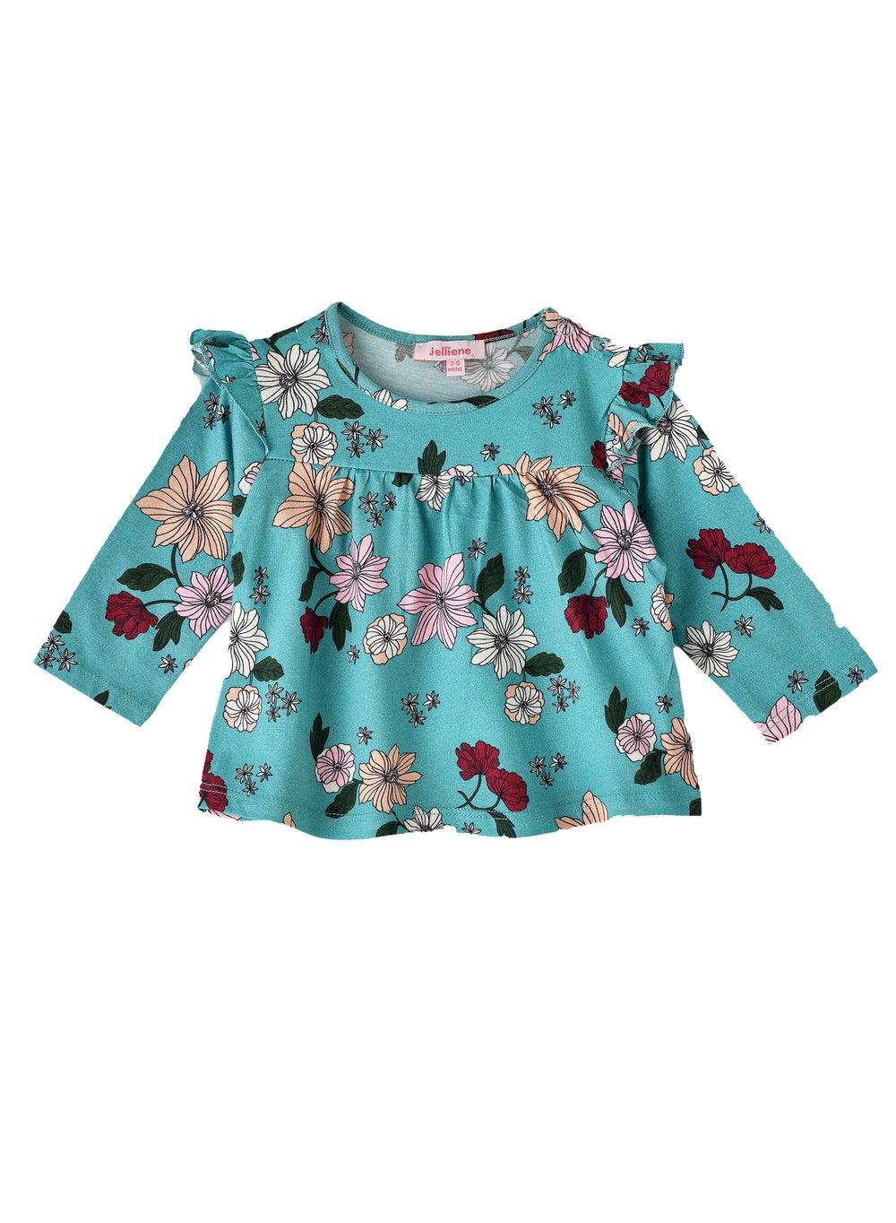 Girls' Teal Floral Long-Sleeve Ruffle Top - Image 1
