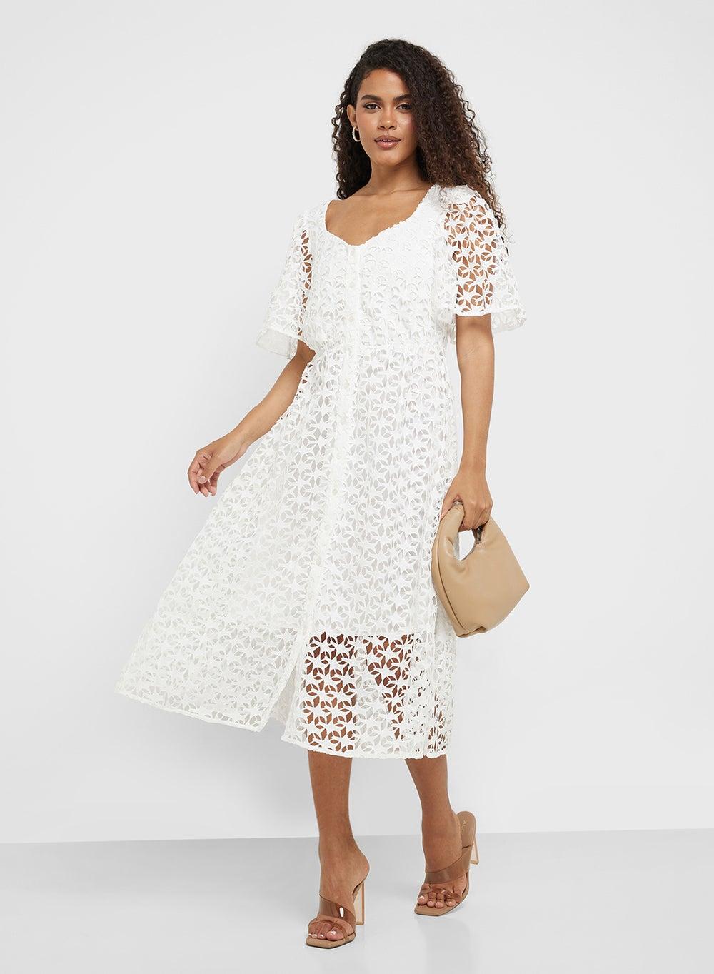 White Floral Lace Midi Dress with Flutter Sleeves - Image 1