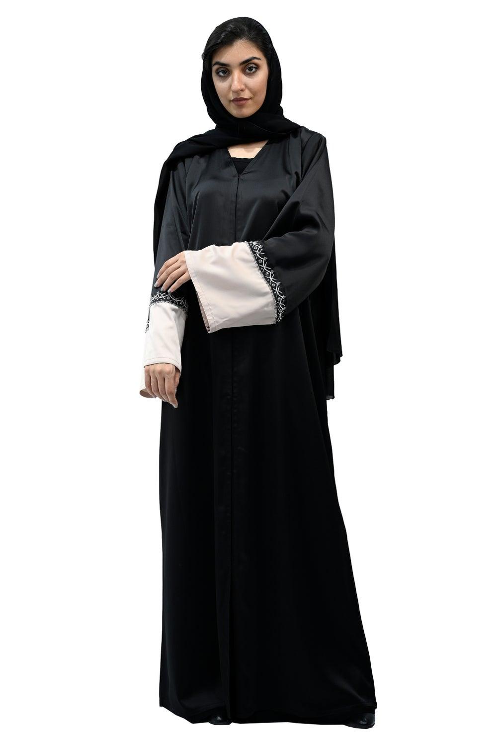 Timeless Elegance Abaya 718 Black Embroidered Cuff - Image 1