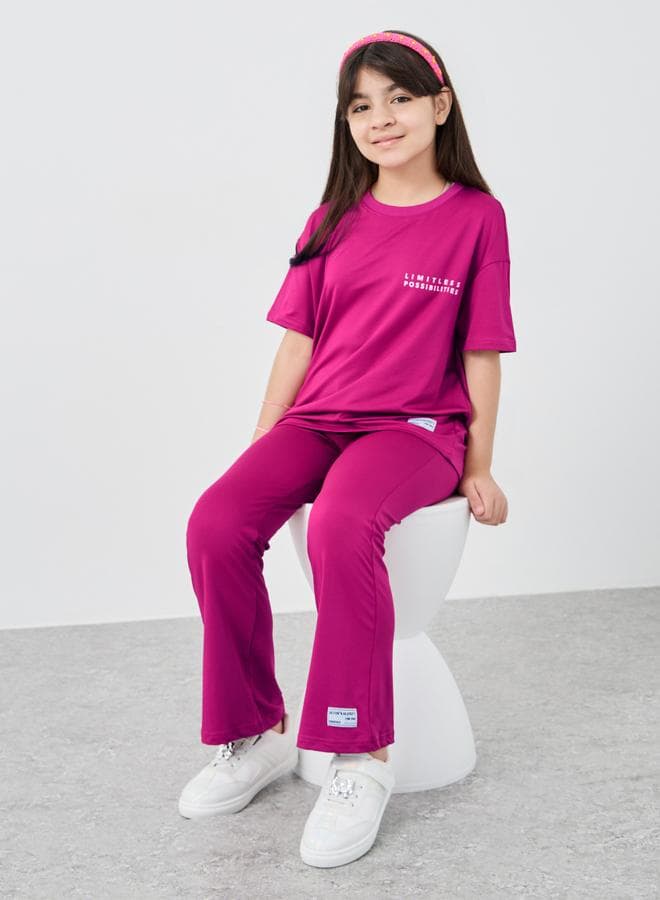 Slogan Print Oversized Tee & Flared Leggings Set - Image 1