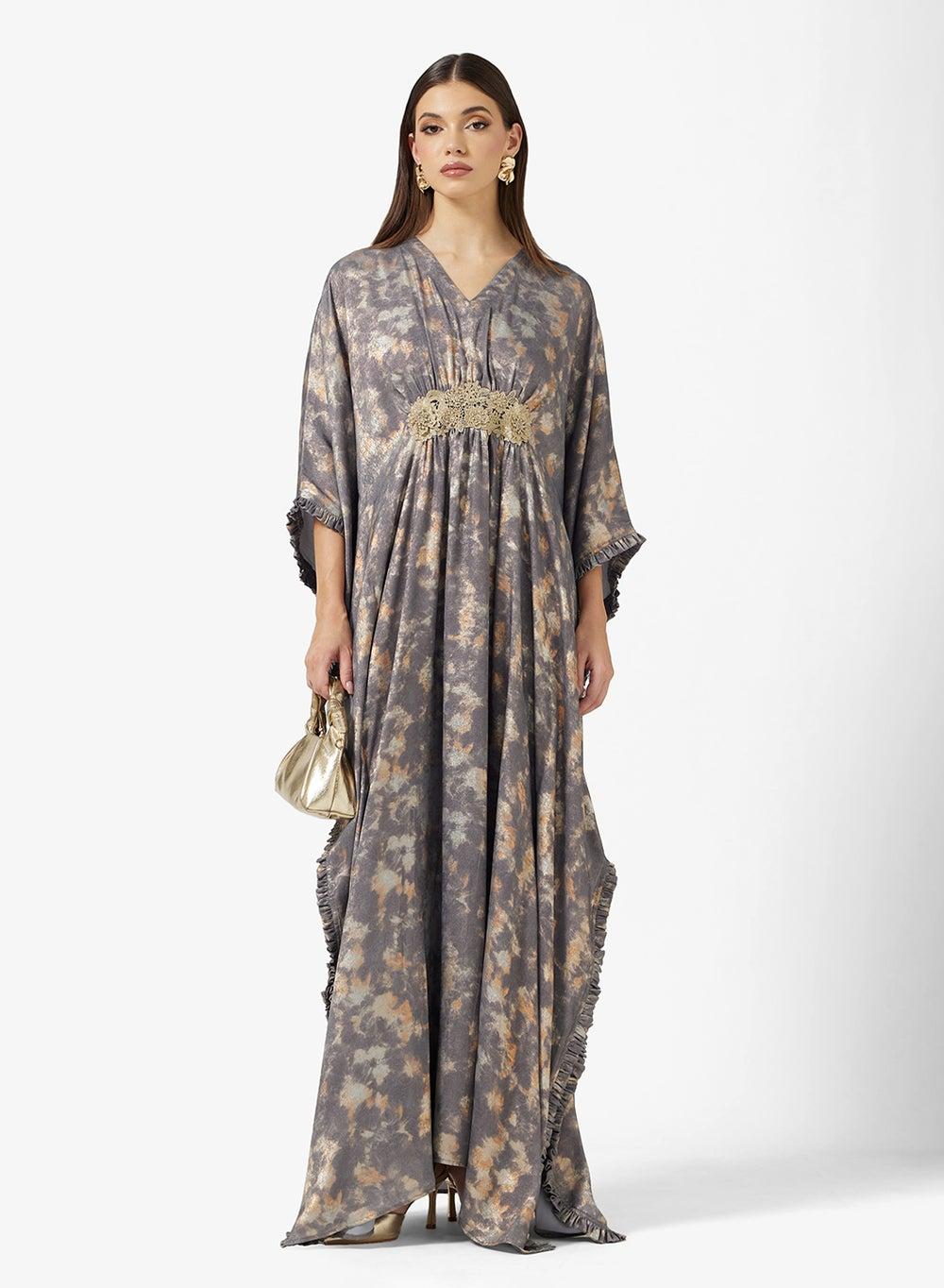 Elegant Embroidered Lace Front Kaftan Dress - Image 1