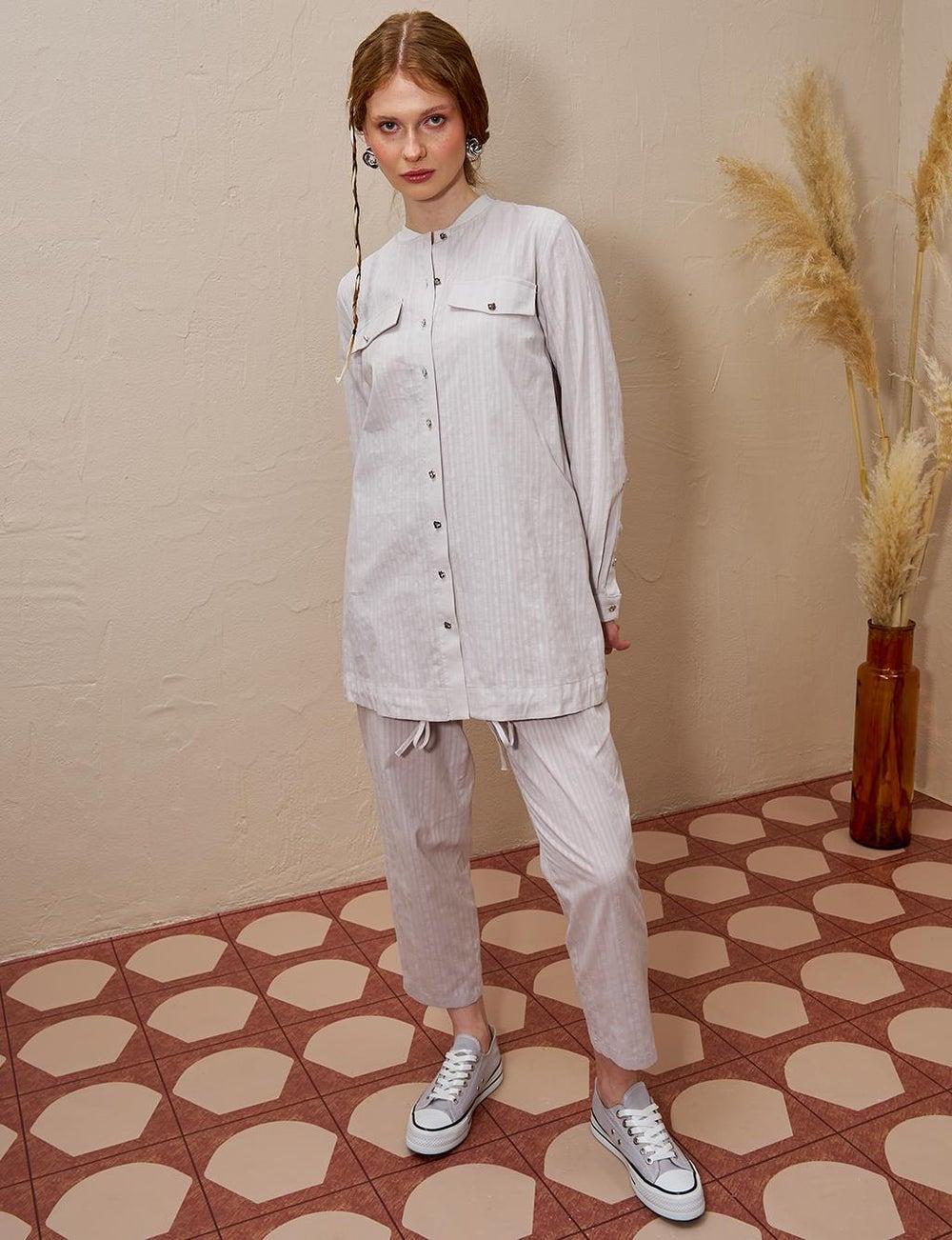 Light Gray Cotton Double-Bow Pocketed Suit Set - Image 1