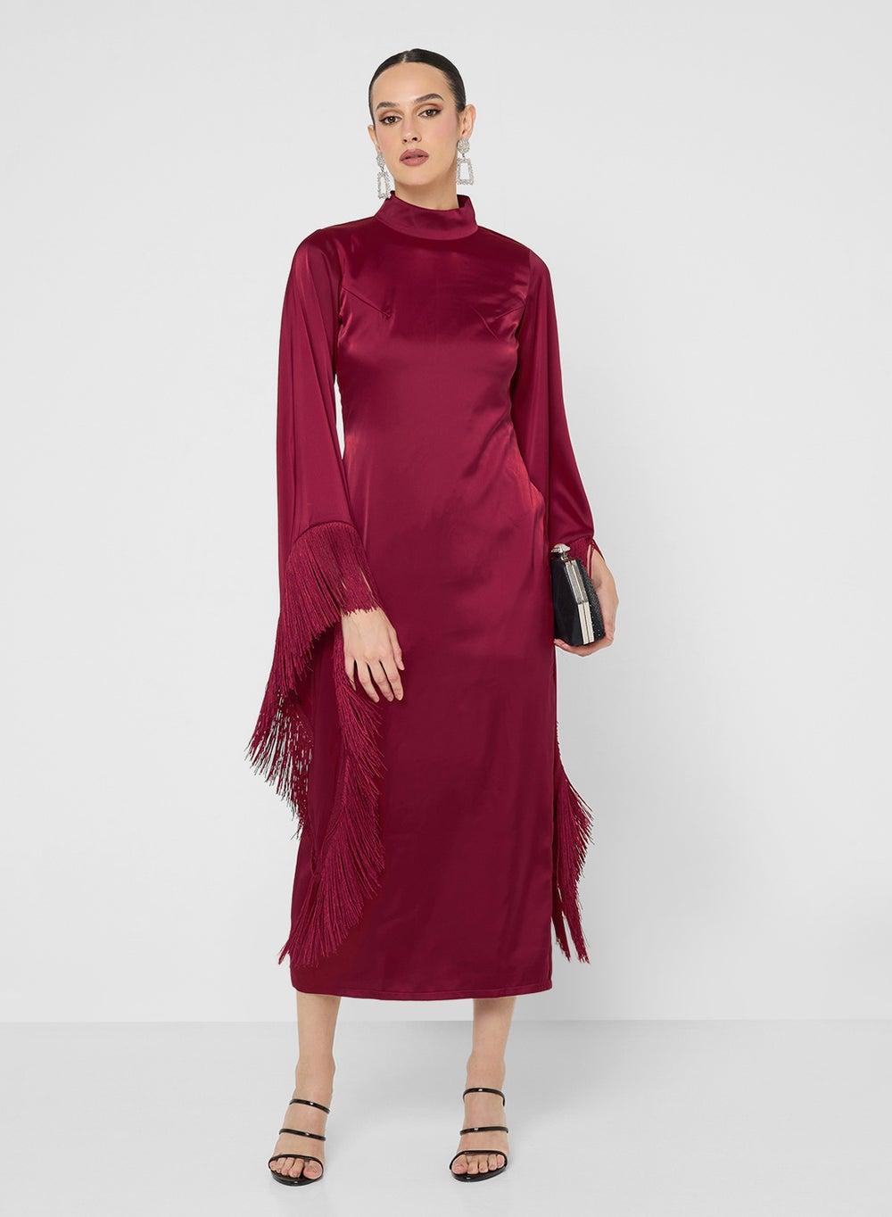 Timeless Maroon High-Neck Long Sleeve Robe Dress - Image 1