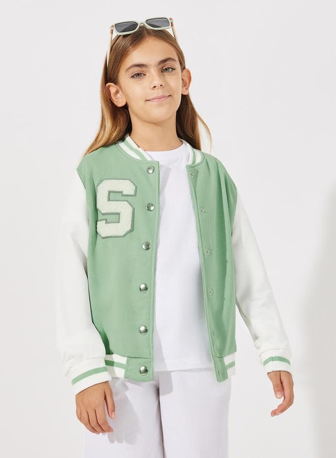 Letter Patch Contrast Sleeve Varsity Jacket - Image 1
