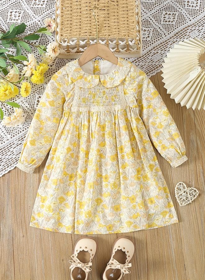 Girls Yellow Cotton Floral Peter Pan Collar Dress - Image 1