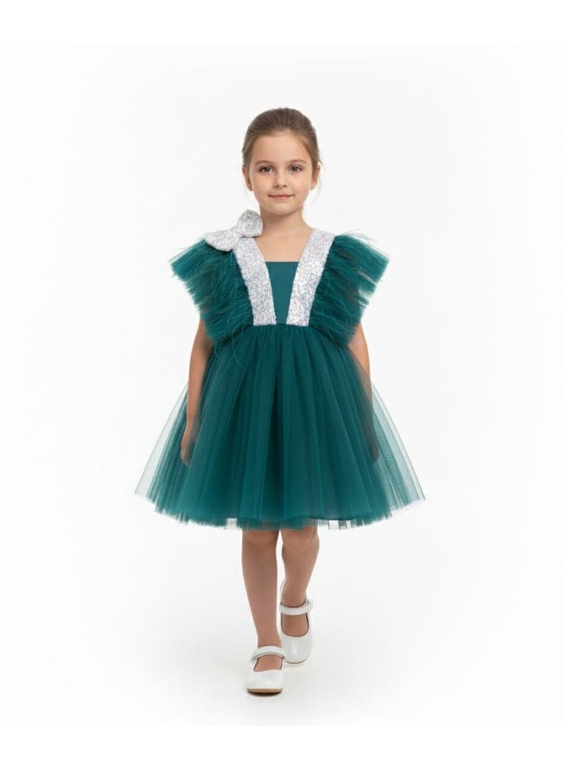Feathered Tulle A-Line Dress in Dark Green - Image 1