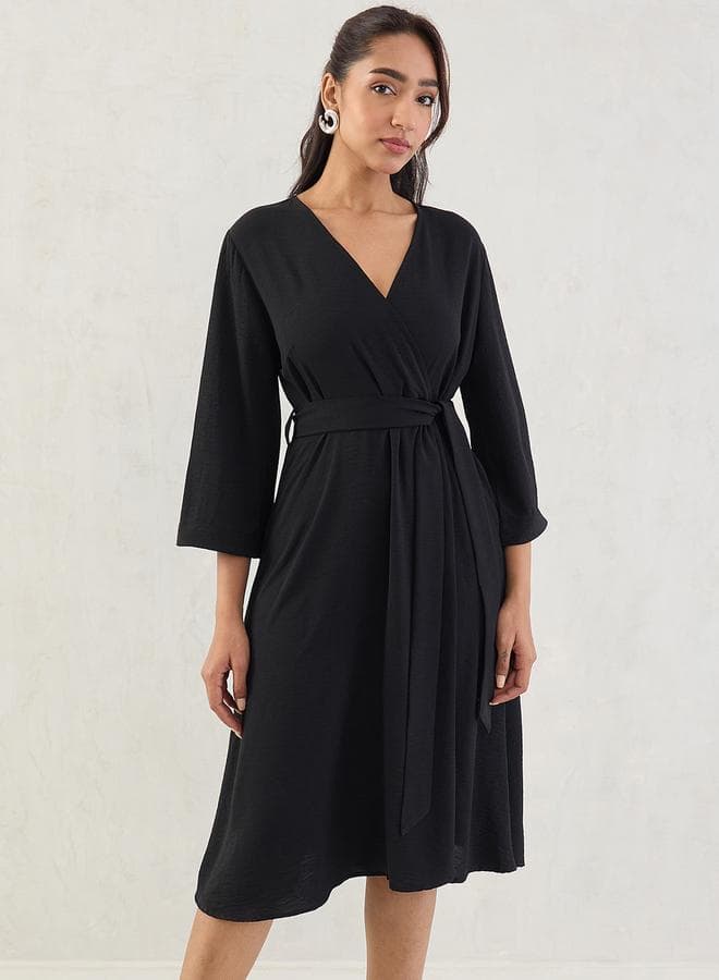 Femmella Black Wrap Front Midi Dress with Tie Belt - Image 1