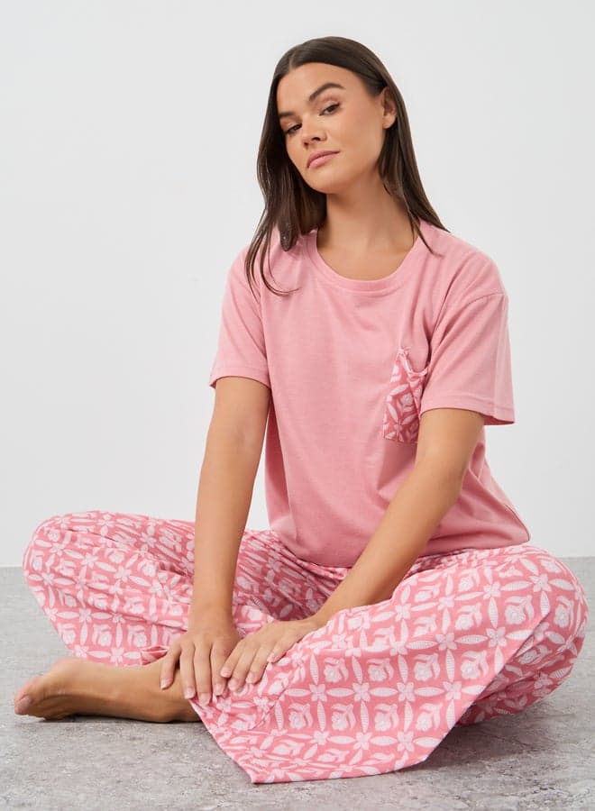 Printed Pocket Round Neck T-Shirt Pyjama Set - Image 1