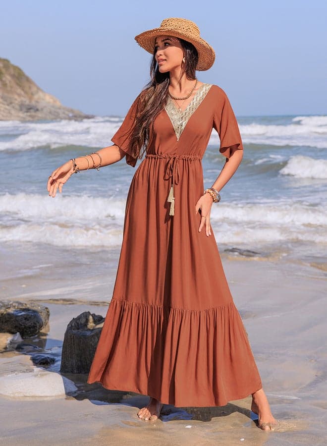 Take Two Lace Trim V-Neck A-Line Maxi Dress - Image 1
