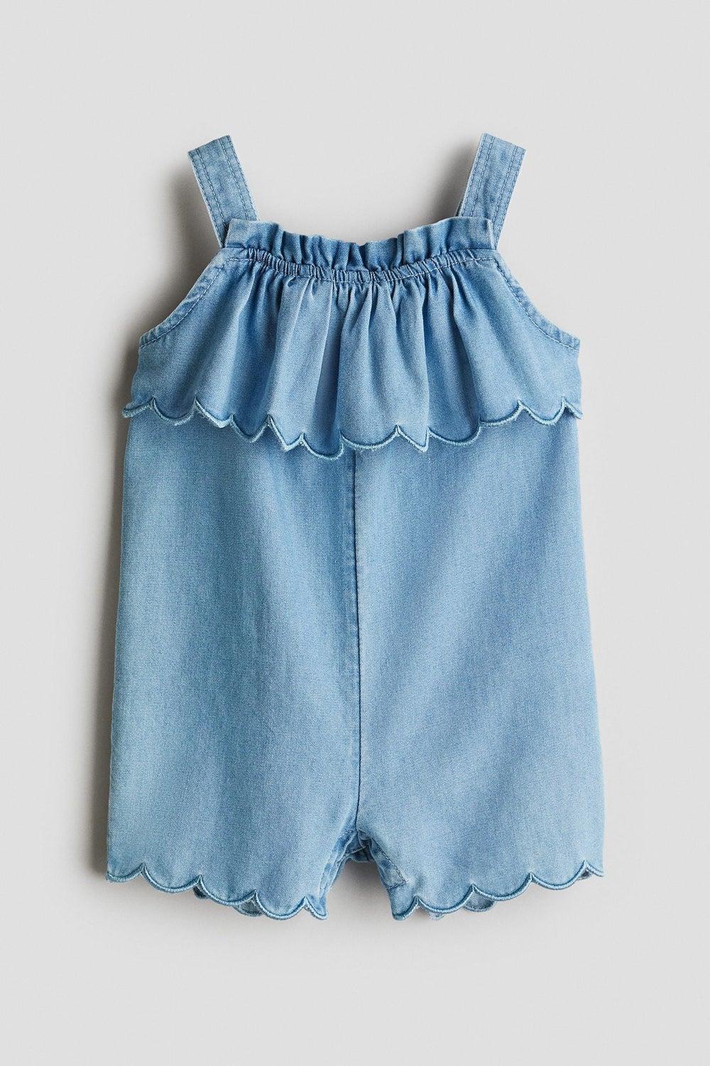 Scalloped Denim Baby Girl Romper Suit - Image 1