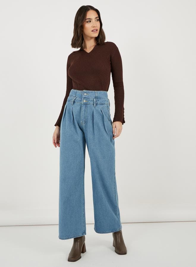 High Rise Double Waistband Pleated Wide Leg Jeans - Image 1